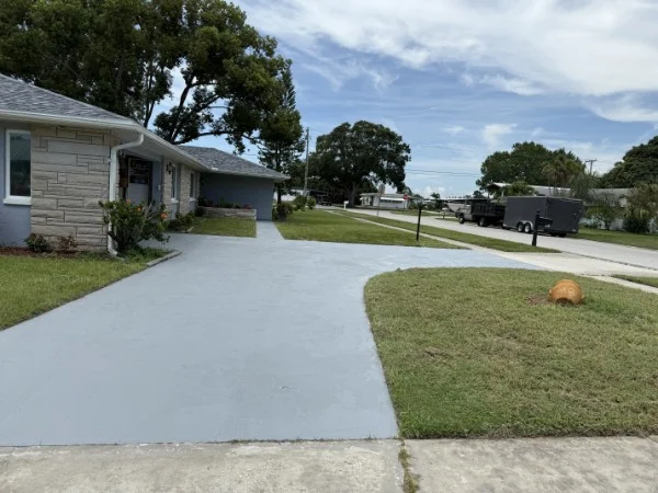Light gray concrete driveway curving from the street toward a home